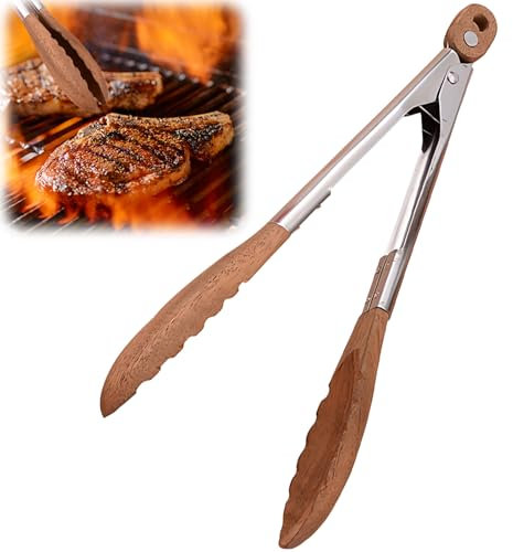 Grillzange Holz,Küchenzange Edelstahl mit Holzspitzen,9 Zoll Zange Küche,Hergestellt aus Natürlichem Walnussholz,Küchenzange für BBQ, Salat, Toaster, Brot & Gurken
