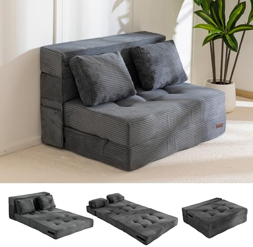 MAXYOYO Schlafsofa, Bodensofa mit 4-Teilige Bequem Klappmatratze 15cm Dickem und 2 Kissen, Klappsofa mit Schlaffunktion, Gästematratze Klappbar