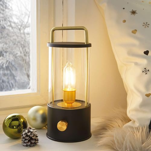 FRANK FLECHTWAREN LED-Lampe Modern, Metall, mattschwarz, Ø 11 x 26 cm | Glas, warmweiße LED, stufenlos dimmbar, inkl. USB-C-Ladekabel, nur Innenbereich