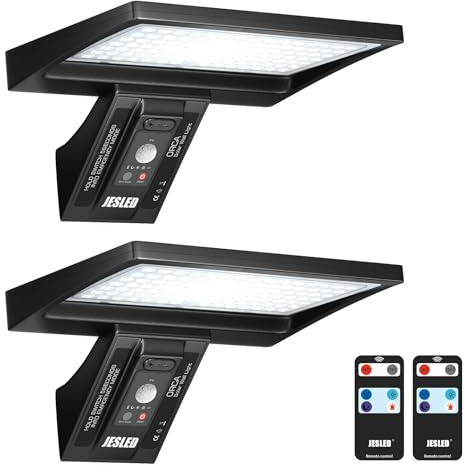 JESLED Lámpara Solar Exterior 104 LED con Sensor de Movimiento y Mando a Distancia, 6000K Luz Blanca, 4 Modos, IP65 Impermeable, Luz de Seguridad para Jardín, Patio, Pared (Pack de 2)