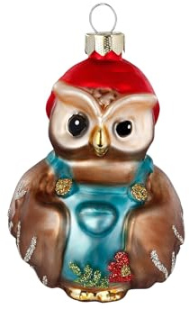 Christbaumschmuck Glas 7,8cm - Waldeule mit Schürze Figur zum Aufhängen - handbemalt - Weihnachtsbaum Anhänger für Weihnachten - Christbaumanhänger & Weihnachtsbaumschmuck - Tiere Vogel Braun Rot