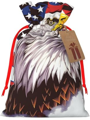 Bedruckte Weihnachtsbeutel mit Adler mit USA-Flagge, für Party, Weihnachten, Geschenkverpackung, rotes Band, M