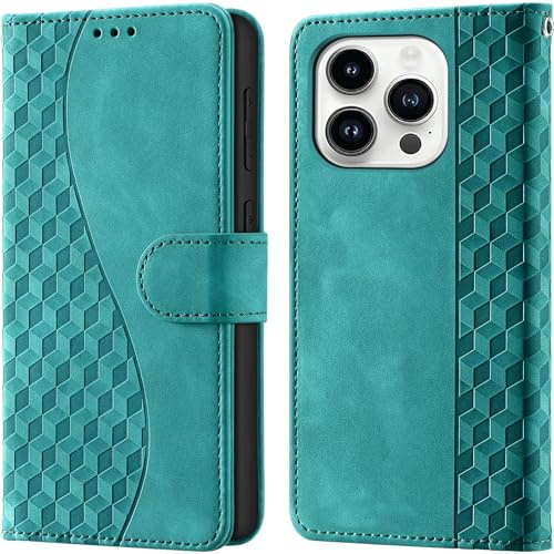 Wallet Flip Case for iPhone 14 Pro Leather Turquoise | RFID Blocking, 3 Card Slots & 1 Cash Pocket, Magnetic Closure, Kickstand, PU Leather Flip Cover for iPhone 14 Pro