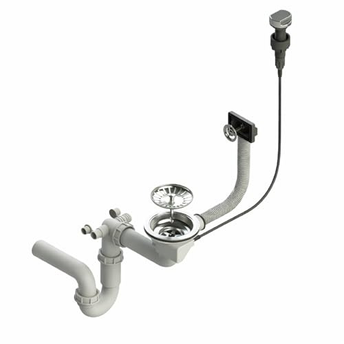 QLS Einbecken-Siphon automatisch 3 1/2 Zoll mit Drehknopf Chrom | Platzsparende Bauweise aus PVC und Edelstahl mit Anschluss für Geschirrspüler, Waschmaschine, inkl. Montageset und Dichtungen