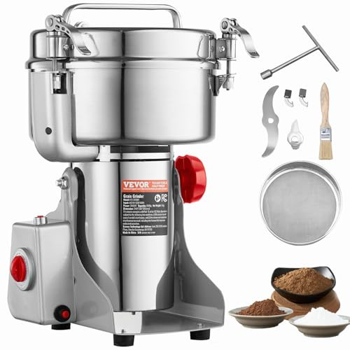 VEVOR Moulin à Épices Électrique 2000 g, Broyeur à Grains Commercial 3400 W à Haute Vitesse, Moulin à Farine en Acier Inoxydable, Type Oscillant pour Moudre Rapidement Céréales Épices Herbes Cafés