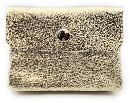 Mini Geldbörse Leder Made in Italy | Echtes Rindleder | Kompakt 11x8,5cm | 50g leicht | 3 Fächer | Druckknopf | Damen Herren | Münzfach Scheinfach | Portemonnaie (Goldmetallic)