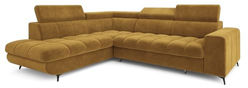 Masseno Ecksofa MORIVA L-S mit Schlaffunktion L-Form, Klassisch Sofa mit Bettkasten, Wohnzimmersofa, Couch, Soffa, Bettsofa, Couchgarnitur - Gelb, Monolith 48