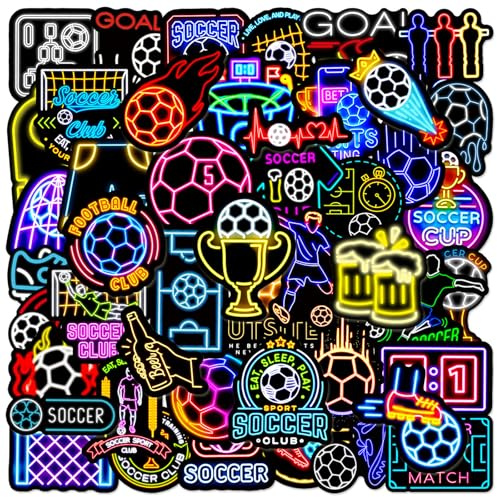 Ovanda 50 Stück Fußball Sticker Neon Look, Soccer Aufkleber Set mit Ball, Tor, Pokal & Trikot Motiven, Selbstklebende Sport Sticker für Laptop, Handyhülle, Wasserflasche, Koffer, Geschenk