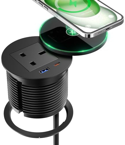 Recessed Power Socket with 15W Wireless Charger and USB C PD 30W, Round 80mm Desk Power Grommet with USB A QC 18W, 1 UK Plug Socket, 2M Cable, Desk Power Socket for Office Furniture, Black