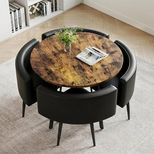 YVMGWEL Esstisch Runder für 4 Personen, Essgruppe Set mit 4 Stühlen, Esstisch aus MDF Tischplatte mit Gepolsterten Stühlen, Küchentisch Tisch für Esszimmer, Küche, Wohnzimmer, Vintage Braun