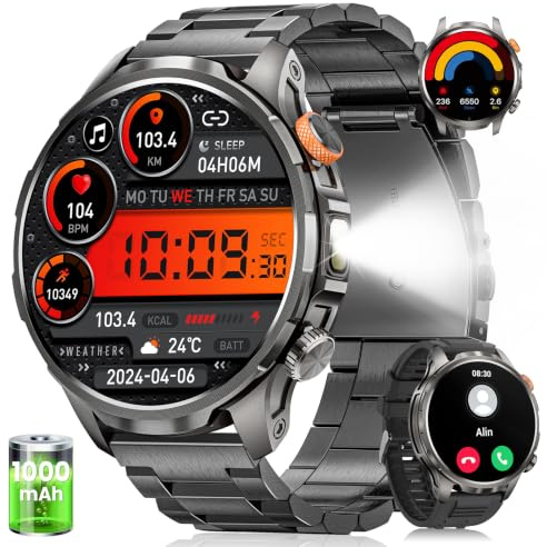 BANLVS Smartwatch Herren Militär mit 1000mAh und LED Taschenlampen, Schwarz | 1,91 AMOLED Display, 5ATM Wasserdicht, 110+ Sportmodi, Telefonfunktion, 24h Herzfrequenz, Schlaf, SpO2, Android iOS