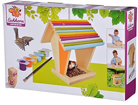 Eichhorn 100004582 Outdoor-100004582-Futterhaus aus Holz, zum Zusammenbauen und Bemalen, inkl. Pinsel und Farben, 14x14x24cm Lindenholz, DIY, Bunt