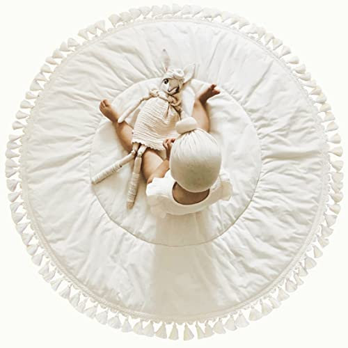 MINICAMP Boho Tipi Spielmatte – Baby Spielmatte für Boden mit Quaste Dekor – Breite Baby Gym Teppich – 100% Baumwolle und hypoallergene Füllung – Handarbeit – 115 cm Durchmesser