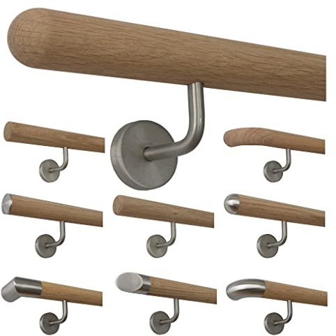 TIBU Holz Handlauf Eiche unbehandelt Geländer Wandhandlauf Treppe Wand 30-500cm mit gewinkelten Edelstahl Halter, Länge: 2000 mm mit 3 Halter - Enden:Halbkugel gefräst