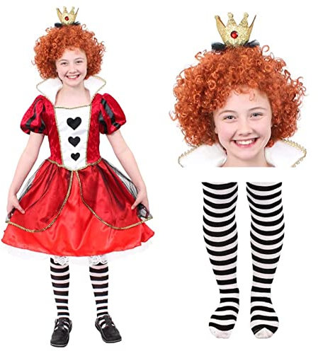 Queen Of Hearts Kostüm Kinder – Größe S – Mädchen Königin der Herzen Kostüm für Weltbuchtag Perücke – Buchwoche – Alice's Wonderland Queen Of Hearts Kleid mit Krone