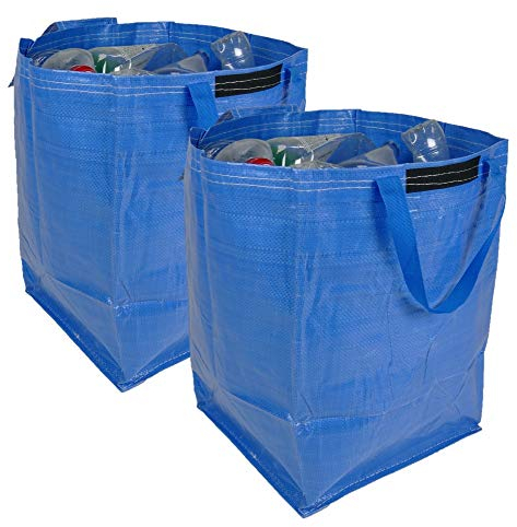 47 Litre Recycling Bag with Top Flap and Handles - Tip Strap - Laminated Wipe Clean Fabric - PREMIUM GRADE - Heavy Duty Woven PP Fabric (2 Bags, Blue)
