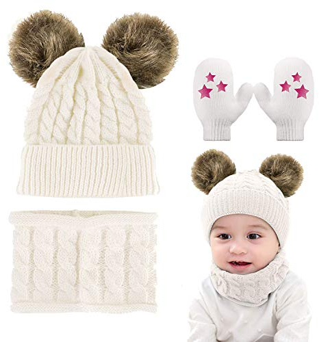CheChury Kinder Winter Gestrickter Mütze Schal Handschuhe Sets, Warm Winterschal Warme Schlupfmütze Winter Hat Slouchy Schlauchschal Set, 0-36 Monate Baby-C-Weiß-One Size
