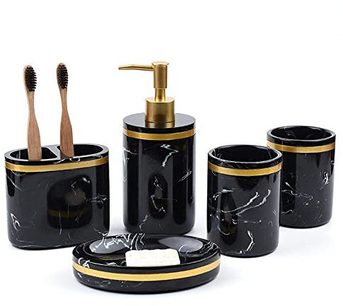 Badezimmer-Zubehör-Sets, 5-teiliges schwarzes Luxus-Badezimmer-Set, Marmor-Muster, Badezimmerzubehör, Zahnbürstenhalter, Lotionspender, Tassen, Seifenschale
