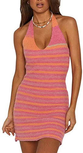 Carolilly Vestito Donna Sexy in Maglia Mini Abito Senza Manica Estivo Abito Corto Ragazza Aderente Senza Schienale Vestiti Eleganti Cocktail Party Mare Spiaggia Vacanza (A-Rosa, S)