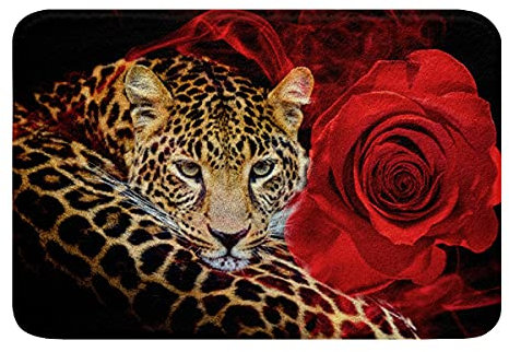 Leopard Badezimmerteppich Rot Rose Saugfähig rutschfest Badematte 50x80cm Safari Gepard Drucken Weich Machine Waschbar Badvorleger Küche Wildtiermotiv Luxus Indoor Eingang Badteppiche