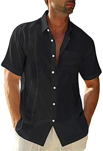 Mens Short Sleeve Guayabera Shirts Cotton Linen Cuban Shirt Regular-fit Spread Collar Button Down Summer Beach Tops Black