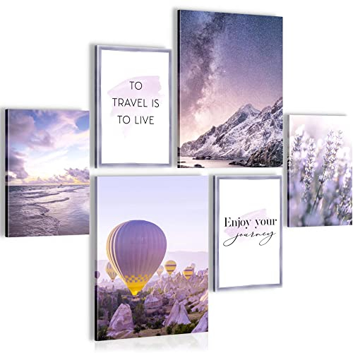 Novart- Tableau Décoration Murale- Travel is Live- Nature- Decoration Chambre Salon- Prêt à être Accroché- 6 Cadres 30x40 & 20x30 cm- Violet- N006463a