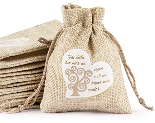 24pz Sacchetti Comunione Cresima Bomboniere Bambini Portaconfetti Iuta Albero della Vita Confetti Regalo Decorazione per Prima Comunione Cresima Battesimo Matrimonio 8 * 10cm