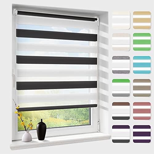 Doppelrollo klemmfix ohne Bohren, Duo Rollos für Fenster & Tür mit Bohren, Weiß Schwarz B100 x H130cm (Stoffbreite 96cm), Fensterrollo lichtdurchlässig & verdunkelnd, Klemmrollo Sonnenschutz