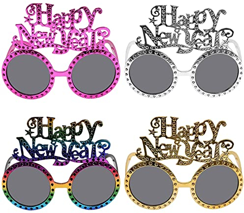 Booaee 4 Stück Happy New Year Brillen, Neujahr Sonnenbrille, Lustige Spaßbrille Neujahr Eyewear, 2025 Party Brille, Photo Booth Brille für Kostümparty Foto-Requisiten für Erwachsene und Kinder