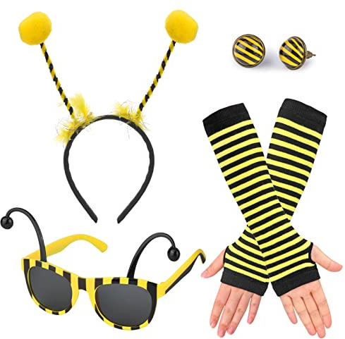 HOWAF 4 Deguisement Abeille Femme Fille Bandeau Abeille Antenne d'Abeille Lunettes d'abeilles Bracelets Boucles d'oreilles Deguisement Abeille Adulte Abeille Costume pour Accessoire Halloween Carnaval