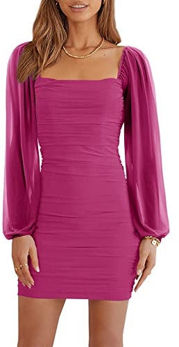 Wenrine Damen Kleider Party Cocktail Club Bodycon Kleid Hochzeitsgast Mesh Langarm Square Neck Minikleid Slim Fit(Rosarot,S)