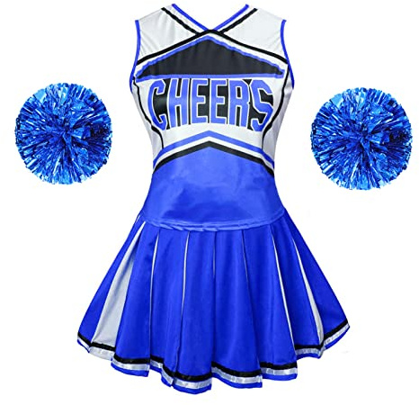 maxToonrain Cheerleader-Kostüm Damen mit Pompons in Übergröße, High School Girl Outfit, Fancy Top und Rock Uniform (Klassisches Blau, Large)