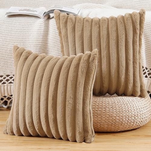 Madizz Set of 2 Faux Fur Plush Decorative Throw Pillow Covers 16x16 inch, 40x40 cm, Camel Fluffy Striped Soft Decorative Cushion Cover for Sofa Bedroom Pillow Shell