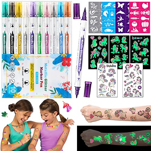 Acebwhtoy Tattoo Stifte für Kinder,10 Tatoostiftes,40 Temporäre Schablonens,31 Einhorn Glitzer Tattoos,Tattoo Pen Hautfreundlich Mädchen Boys, Marker für für Karnevalsschminke Fasching Geburtstag