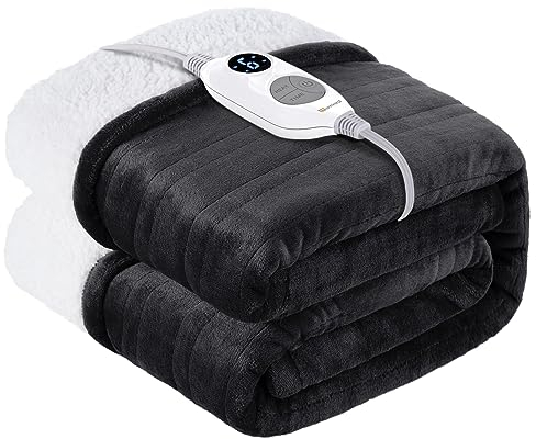 Warmrest Heizdecke mit Abschaltautomatik 𝟏𝟓𝟎×𝟐𝟎𝟎 𝐜𝐦 Flanell Sherpa Elektrische Wärmedecke Heizdecke, 6 Temperaturstufen und Überhitzungsschutz, Waschbar Heizdecke Kuscheldecke fürs Bett, Grau