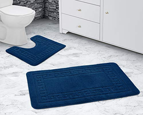 La Maison Bathroom Rug Set 2 Piece Greek Key Scroll Non Slip Bath Mat and Pedestal Mat Set Quick Dry Shower Bath Super Soft Toilet Mat Set (Navy)