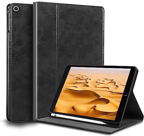Gexmil Leder Hülle für iPad 10,2 Zoll 9./8./7. Generation 2021/2020/2019 Echt Leder Cover mit Stylus Halter Stoßfest rutschfest,Automatischer Schlaf/Aufwachen,Einstellbarer Ständer,Schwarz