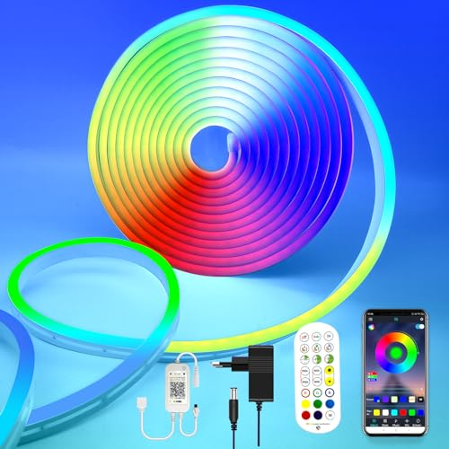 calflux Neon led schlauch indoor 5m,RGB Neon Strip,IP65 outdoor Wasserdicht lichtband Led Streifen mit Fernbedienung,12V Led Band lichterschlauch Farbwechsel für Schlafzimmer,Innen Außen dekoration
