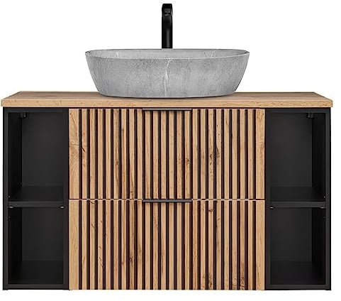 Lomadox Waschtisch Kombination 100 cm Wotan Eiche Nb. schwarz gerillt Unterschrank 2X Regal Aufsatzwaschbecken Beton Optik B/H/T 100,6/72,7/46,5 cm