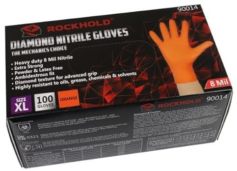 ROCKHOLD Extra Large Nitrile Diamond Grip Gloves Heavy Duty Disposable Latex Free Orange x100
