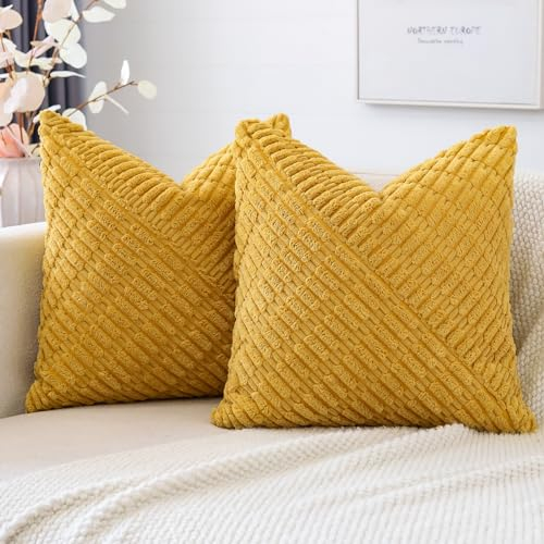 JOTOM 2er Set Kordsamt Kissenbezüge, Dekorative Weich Boho Kissenbezug Moderne Patchwork Kissenhüllen Sofakissen Dekokissen Zierkissenbezug für Wohnzimmer Schlafzimmer Deko (50x50cm, Senfgelb)