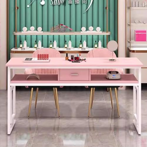 Table de manucure avec Structure en métal, étagère découpée Double Couche, Poste de Travail pour Salon de beauté, tiroirs, équipement Mobile (Couleur : Rose, Taille : 80 x 40 x 77