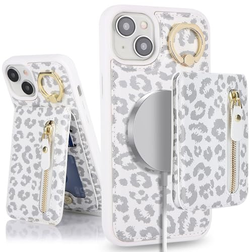 SailorTech iPhone 14 Plus Case with Card Holder, Cover with Ring Stand and Kickstand - White Leopard