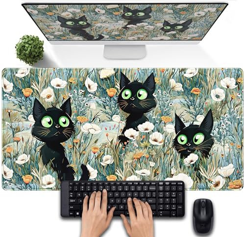 Blaue Katzen-Schreibtischunterlage, Gaming-Mauspad, Natur, mit Blumenpflanze, Laptop-Tastatur und Mauspad, dunkler Salbei, Schreibtisch-Dekor, Vintage-Blumen, mit genähten Kanten, 80 x 39,9 cm