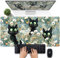 Blaue Katzen-Schreibtischunterlage, Gaming-Mauspad, Natur, mit Blumenpflanze, Laptop-Tastatur und Mauspad, dunkler Salbei, Schreibtisch-Dekor, Vintage-Blumen, mit genähten Kanten, 80 x 39,9 cm