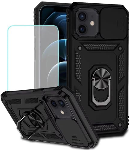 Jhxtech for iPhone 12 Mini/iPhone 13 Mini Case 5.4 Case with Tempered Glass Screen Protector and Slide Camera Cover, Magnetic Ring Car Mount Holder Kickstand Case Cover for Apple iPhone 12 Mini Black