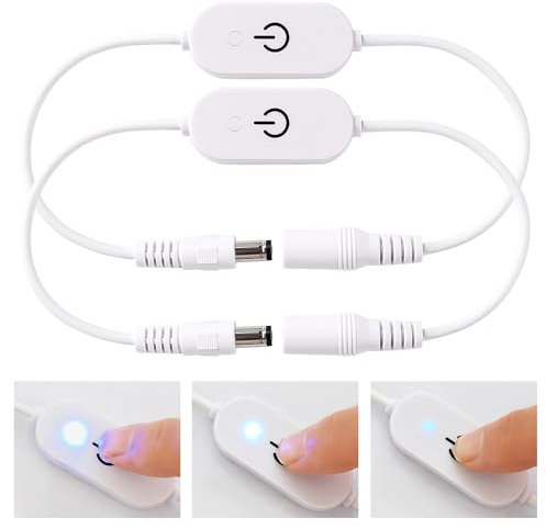 KUOQIY 2 Piezas DC 5.5 x 2.1mm LED Dimmer Interruptor táctil, Cable de Interruptor en línea de Alimentación de CC, Conector de CC de Encendido/Apagado Táctil, para DC 5V-24V Tira de Luz, Blanco