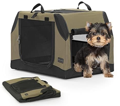 PETSFIT Hundebox Auto & für Zuhause, Hundebox faltbar Kofferraum/Rückbank, Verstellbarer Bezug & verstärktes Netz, Hundetransportbox Auto mit Abschließbarer Reißverschluss, Armeegrün,S