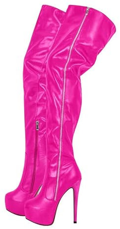 blingqueen Damen Overknee Reißverschluss Stiletto Stiefel Plateau High Heels Boots Zipper Pink 42 EU