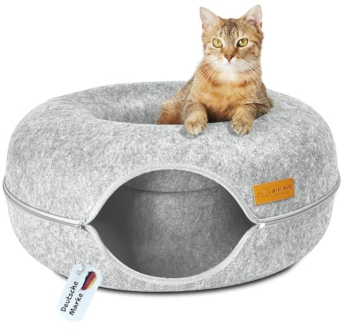 Katzentunnel rund aus Filz – Donut Katzenbett & Katzenhöhle zum Spielen – 60x60x28 cm, flauschig mit waschbarem Kissen, Tunnel & Kuschelbett für Katzen – Grau